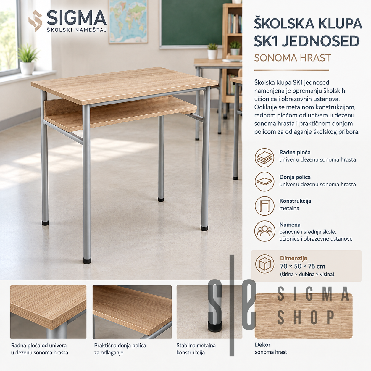 Školska klupa Model: SK 1 Jednosed Light Oak